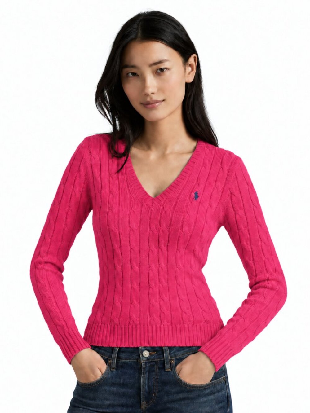 Ralph Lauren Sport Pink Cable Knit V-Neck Sweater Size Large